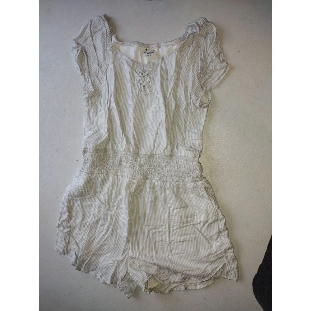 Abercrombie Kids Girls Tan White Striped Lace Up Smocked Waist Romper Size 13/14